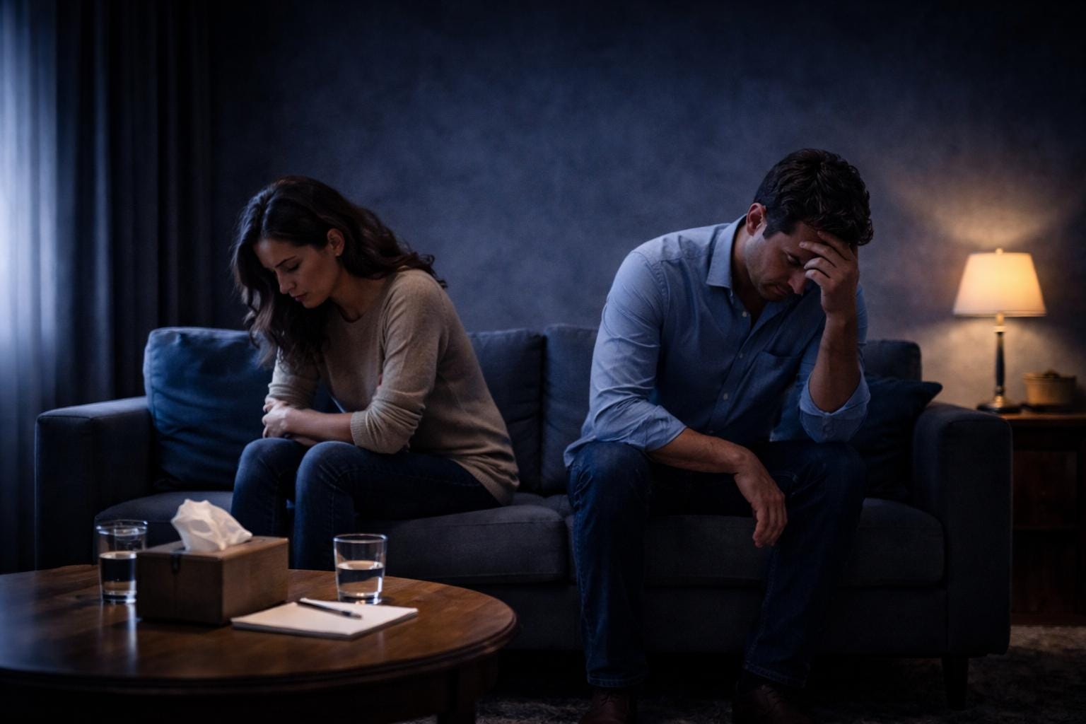 Couple silencieux dans une pièce, métaphore de l'avant-séparation