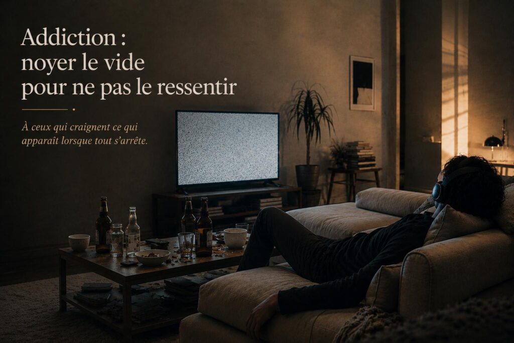 On voit un ecran sans image, des bouteilles et des cigarettes sur une table basse.