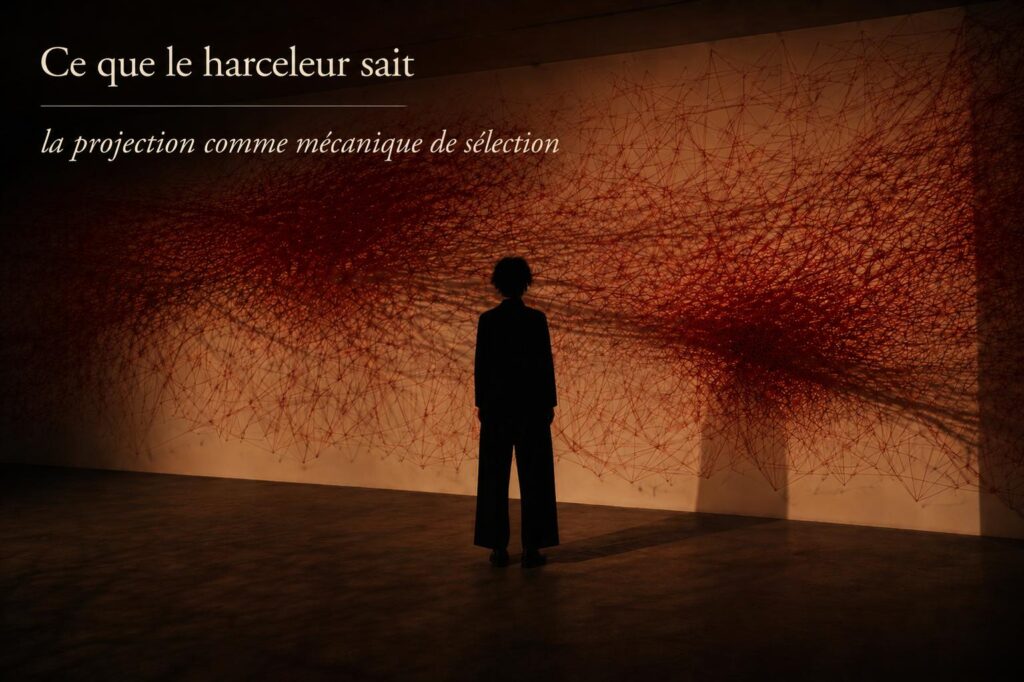 Une femme face à une oeuvre composéee de trait rouge. Il y a quelque chose de tendu dans cette personne qui deambule face à cette toile