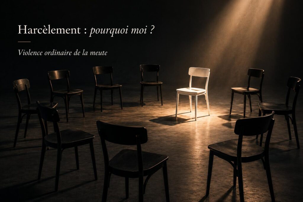 Chaise blanche parmi les noires. Le projecteur l'éclaire seule. On voit ainsi son isolement
